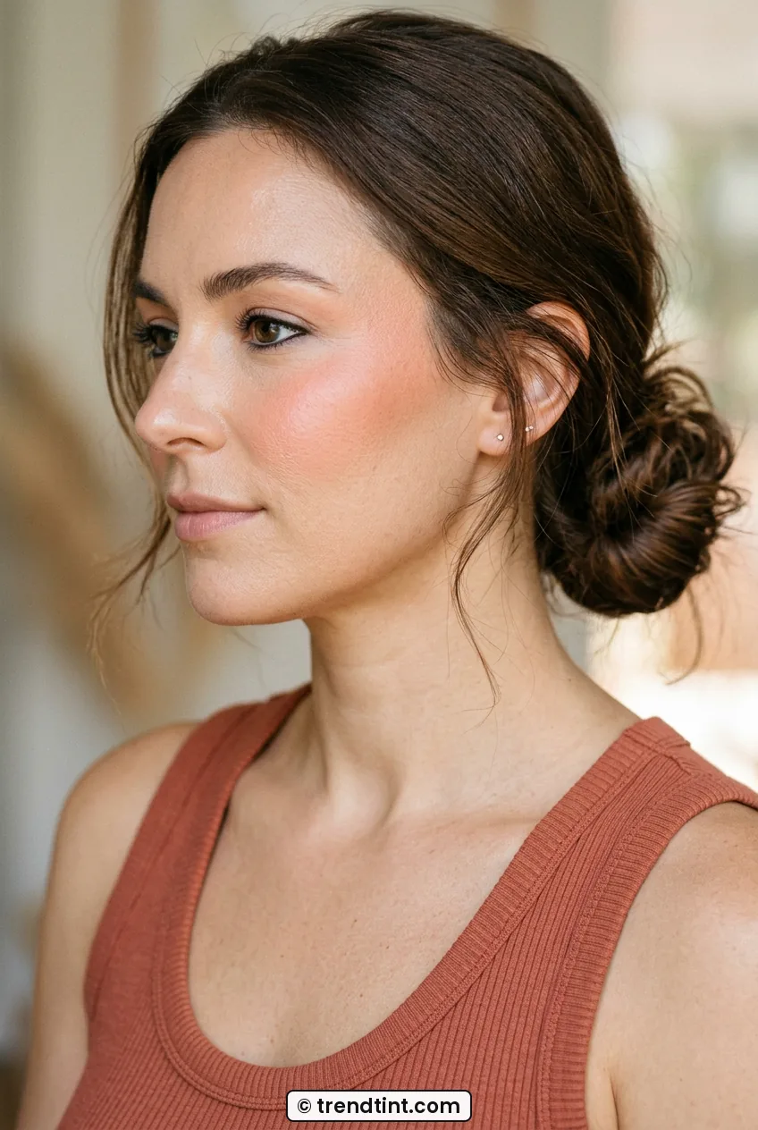 Woman in side profile showing lifted high-placed blush and glowing skin