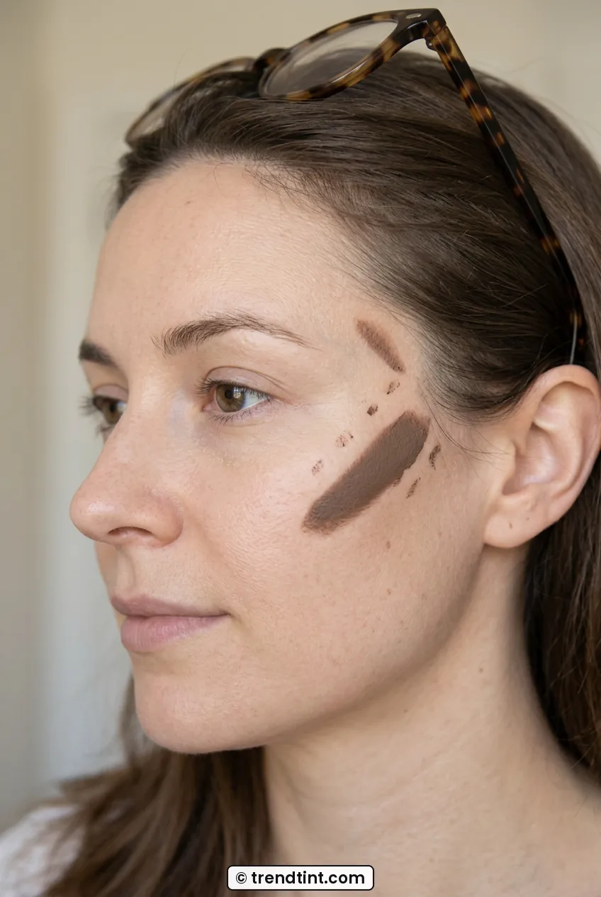Side view of woman mapping high contour placement above cheek while wearing glasses