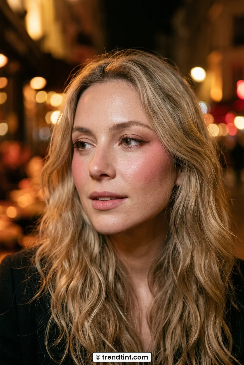 Woman with high rounded pink blush and soft winged liner in warm evening glow