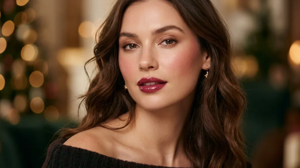 Woman with soft holiday glam makeup featuring satin skin and glossy berry lips in warm light