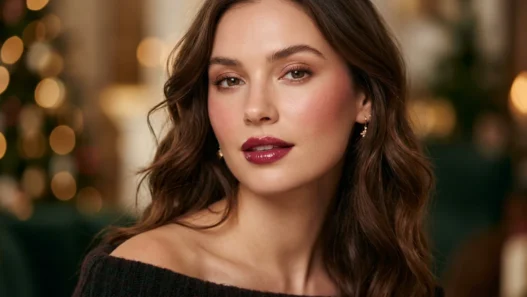 Woman with soft holiday glam makeup featuring satin skin and glossy berry lips in warm light