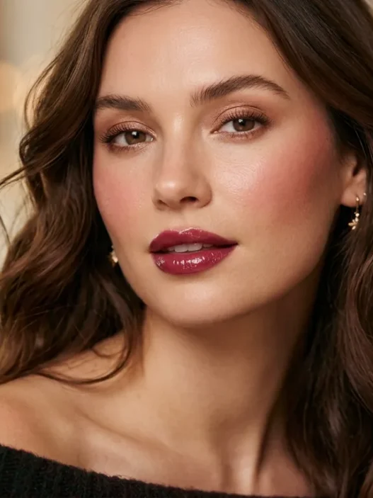 Woman with soft holiday glam makeup featuring satin skin and glossy berry lips in warm light