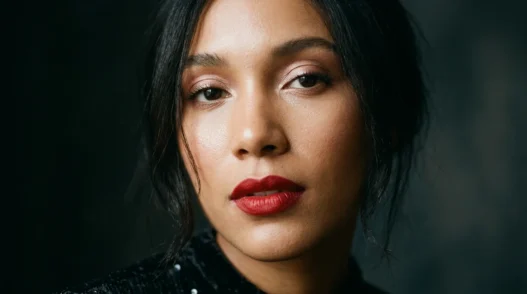 Woman with glowing holiday makeup and classic red lip in moody light