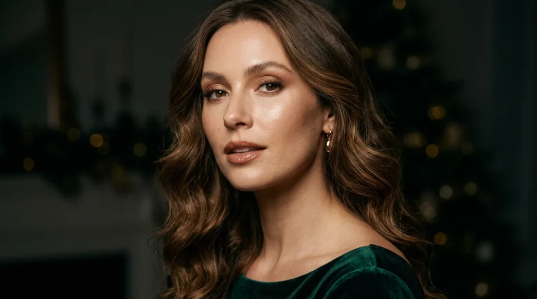 Woman with chestnut waves wearing glowing neutral makeup with nude gloss against dark background