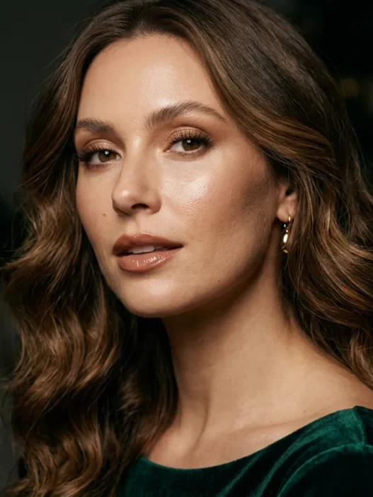 Woman with chestnut waves wearing glowing neutral makeup with nude gloss against dark background