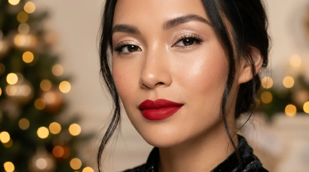 Woman with classic red lips and champagne eyeshadow glowing in warm holiday light