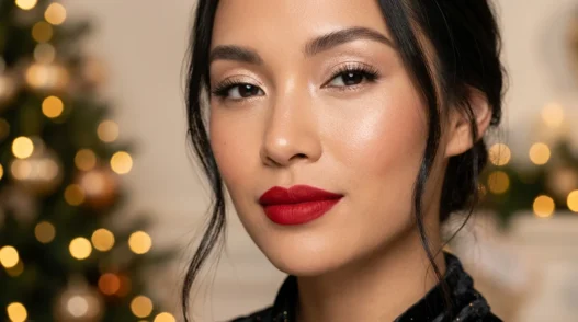 Woman with classic red lips and champagne eyeshadow glowing in warm holiday light