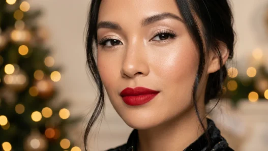 Woman with classic red lips and champagne eyeshadow glowing in warm holiday light