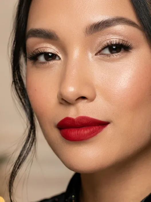 Woman with classic red lips and champagne eyeshadow glowing in warm holiday light