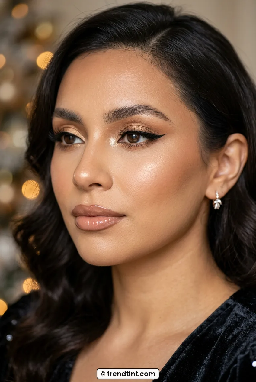 Woman wearing full holiday glam with winged liner and glossy lips