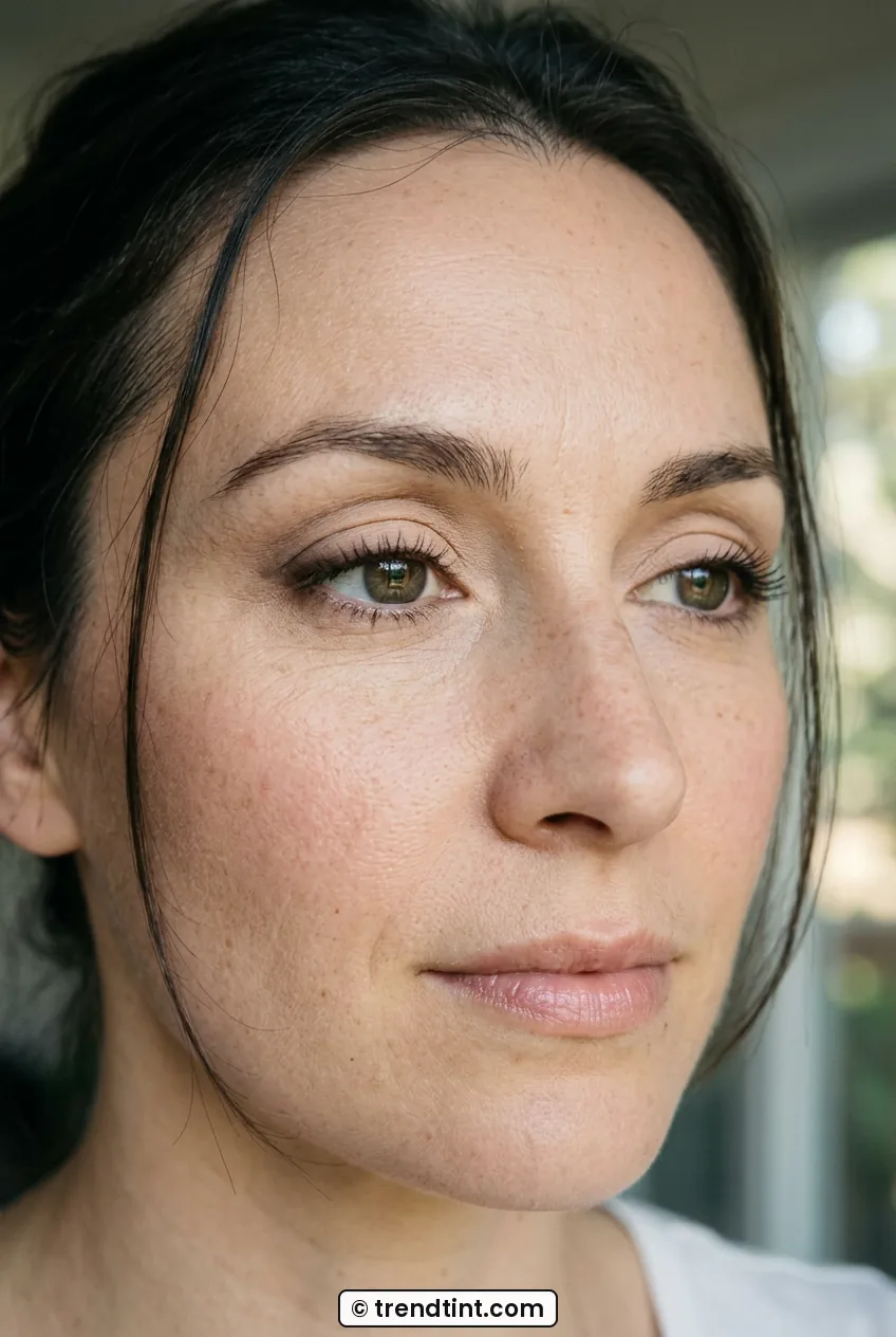 Woman with hooded eyes wearing simple everyday shadow and tightlined lashes