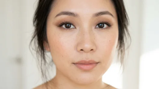 Woman with soft brown eyeshadow and thin liner showing lifted makeup on hooded eyes