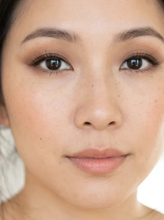 Woman with soft brown eyeshadow and thin liner showing lifted makeup on hooded eyes