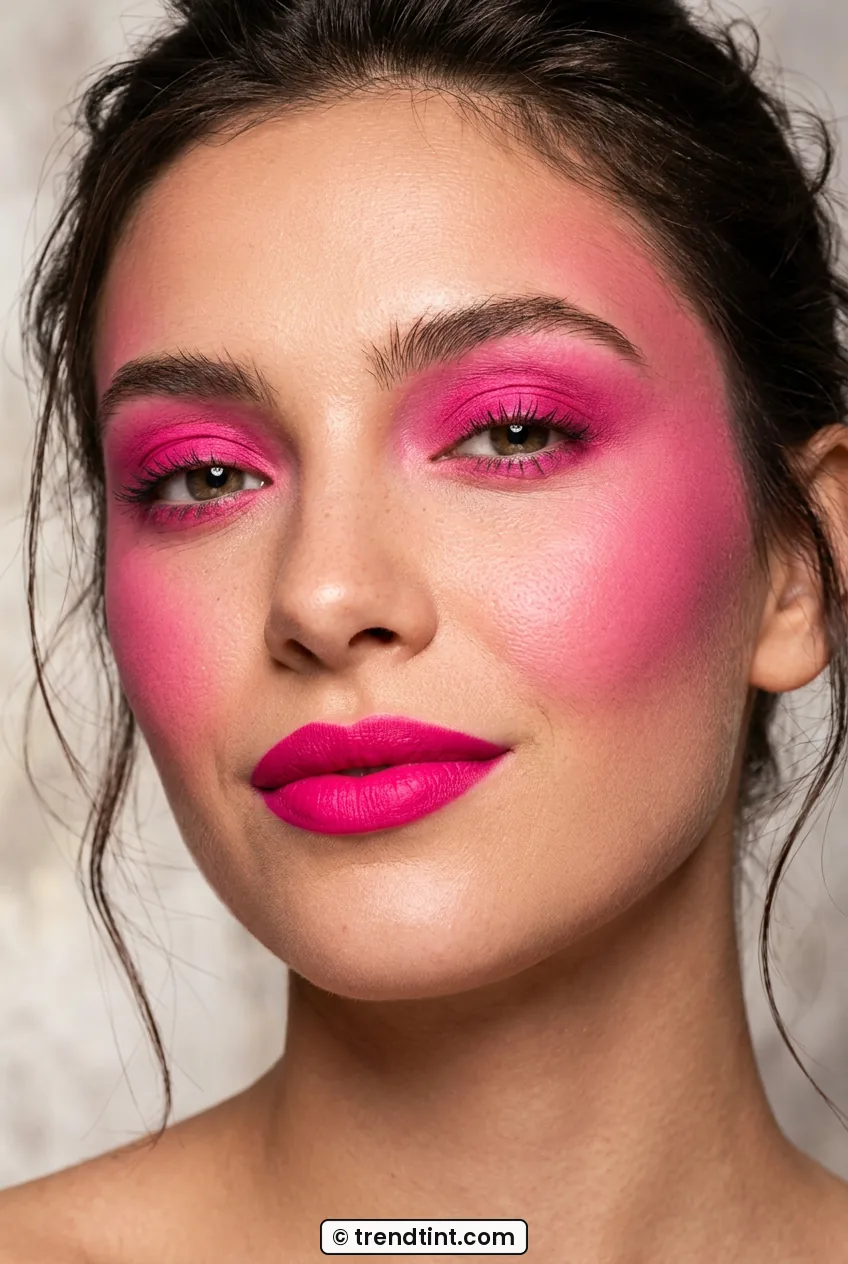 Woman with hot pink monochrome makeup on eyes cheeks and lips