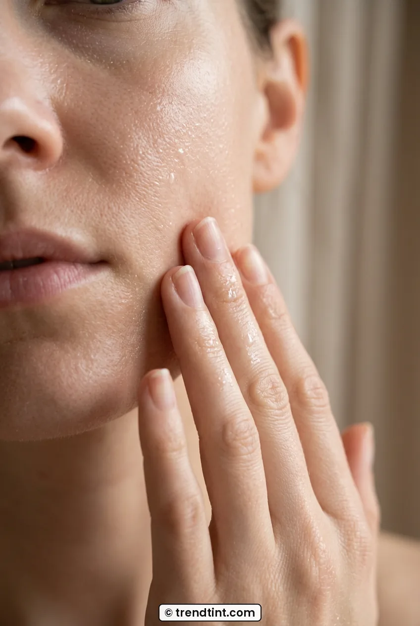 Woman massaging moisturizer into cheek for hydrated glowing base
