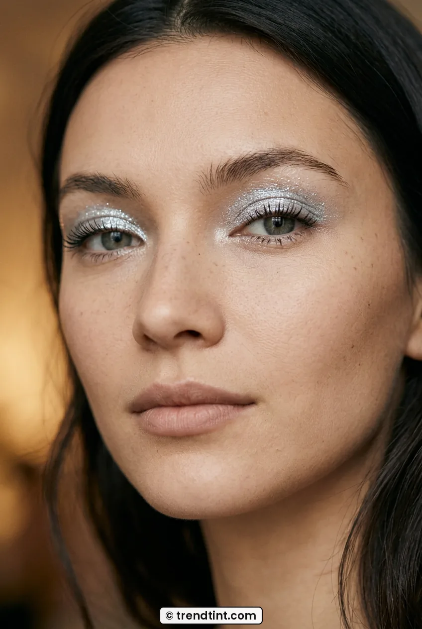 Woman with sheer icy silver eyeshadow and black mascara in close portrait