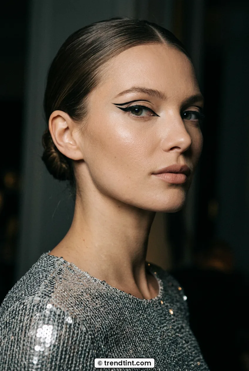 Woman with slicked bun wearing sharp double winged black eyeliner and nude lips