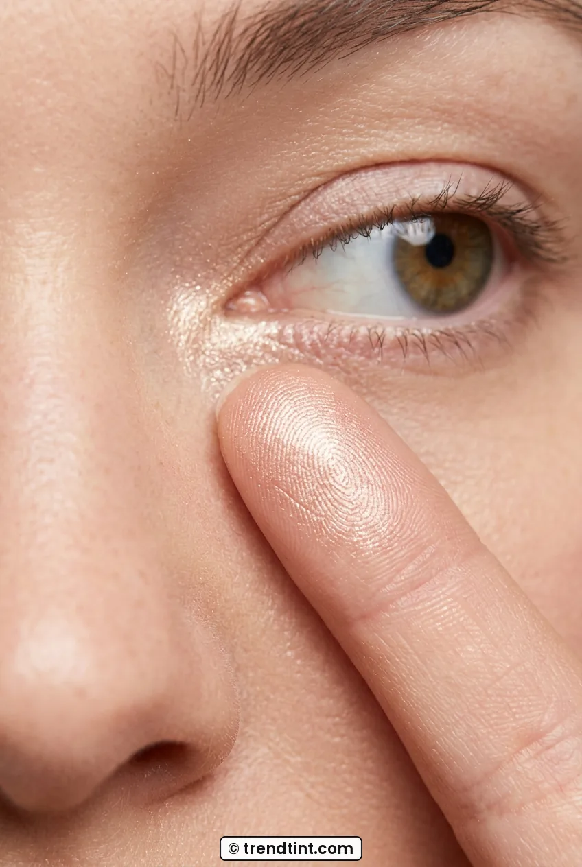 Fingertip pressing light champagne highlight to inner corner of eye
