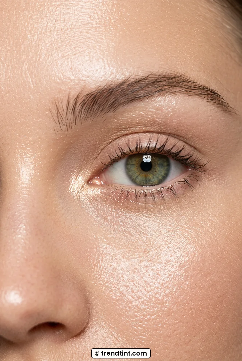 Close-up of woman eye showing bright inner corner highlight with glowing skin