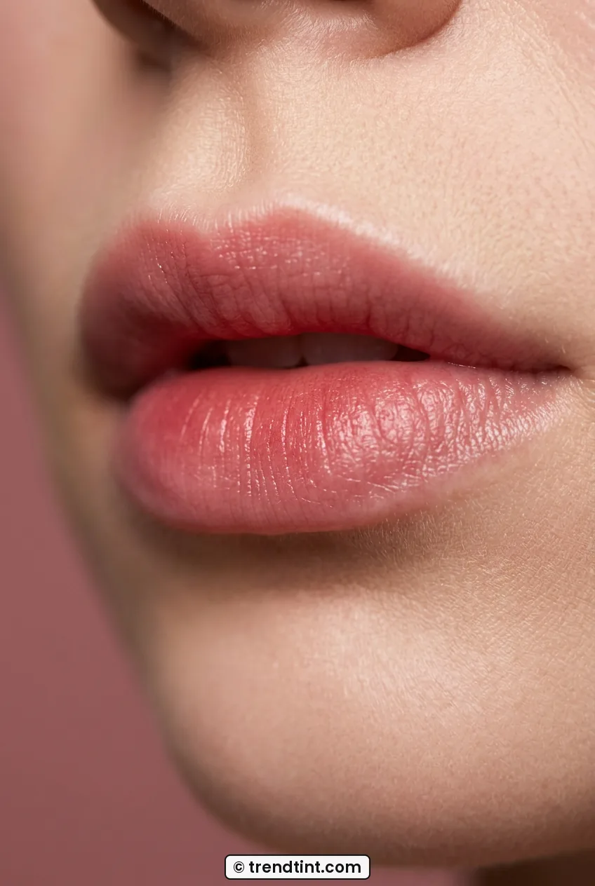 Close macro of woman with rose balm concentrated softly in lip center