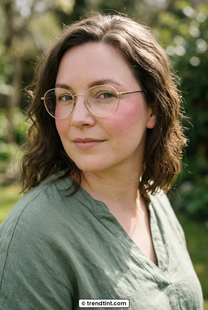Woman wearing thin glasses with high blush swept toward temple in daylight