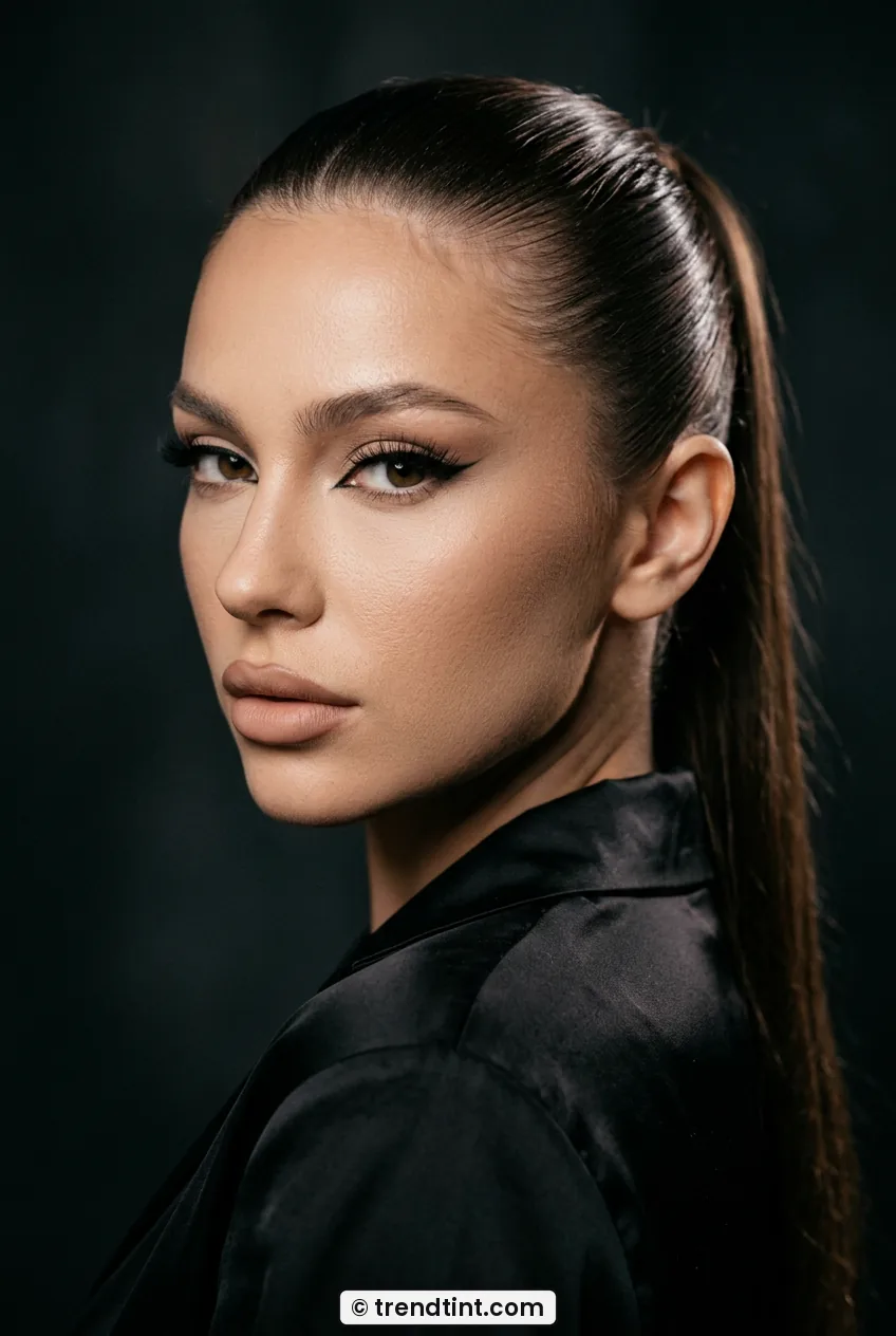 Woman with slicked ponytail wearing lifted winged liner and outer corner false lashes