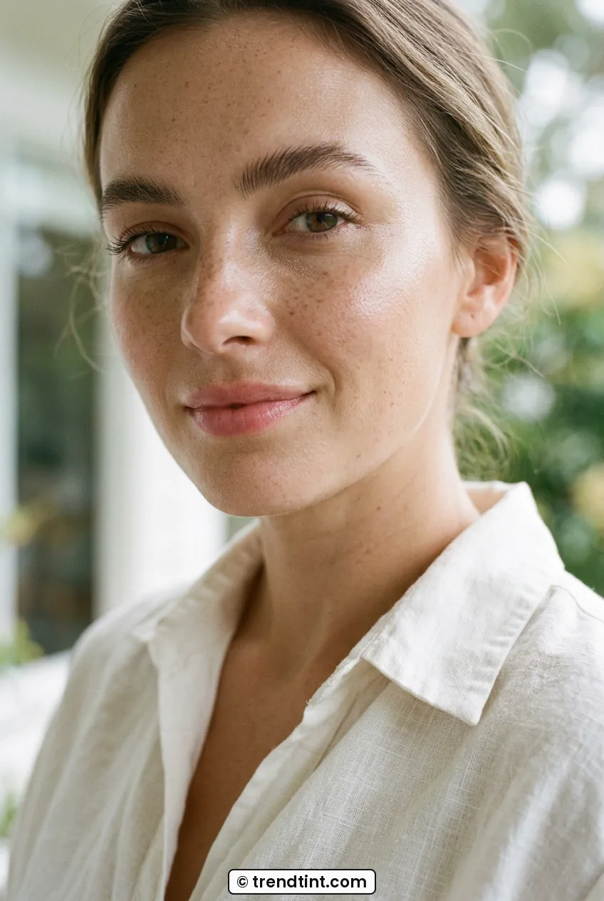 Woman with lightweight tint showing natural skin texture in daylight