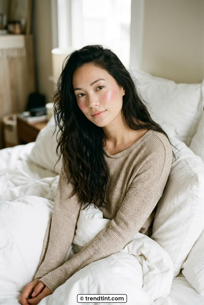 Woman with long dark hair in beige top wearing minimal dewy makeup in white bed