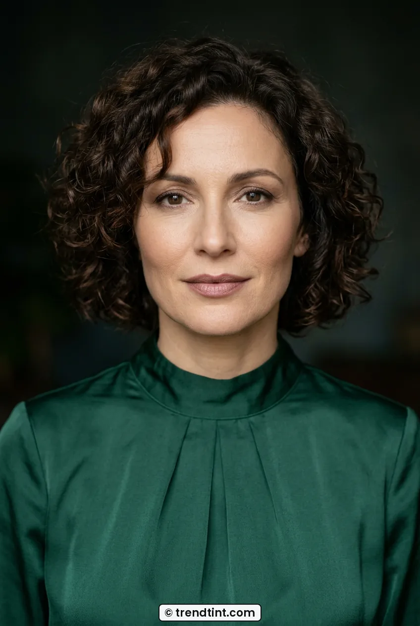 Woman with short curly hair wearing long wear velvet foundation with neutral lip