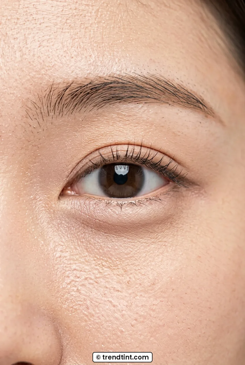 Close-up of woman eye showing beige waterline and soft shading below lower lashes