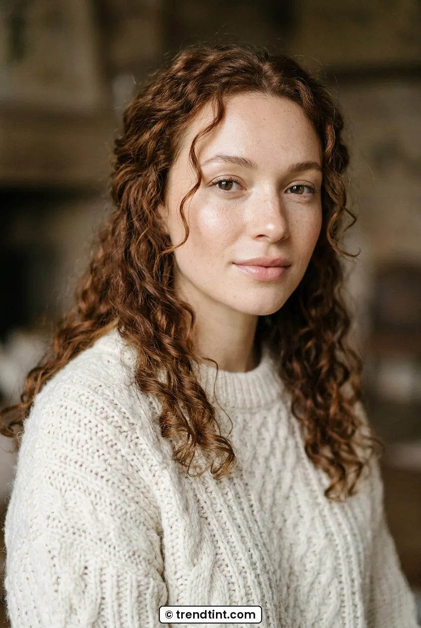 Woman with luminous bare skin and balmy nude lips wearing cream sweater