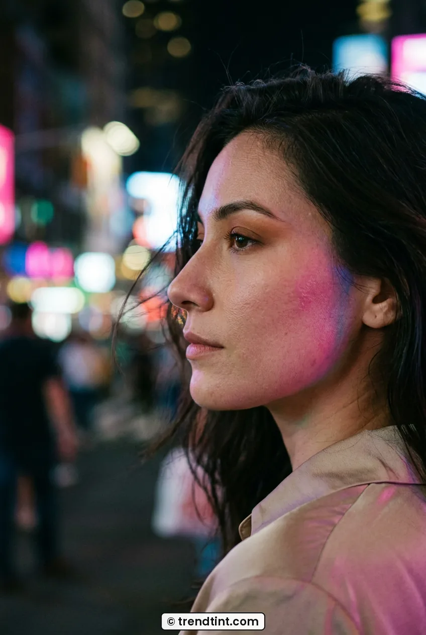 Woman in side profile wearing soft matte caramel eyeshadow under city neon light