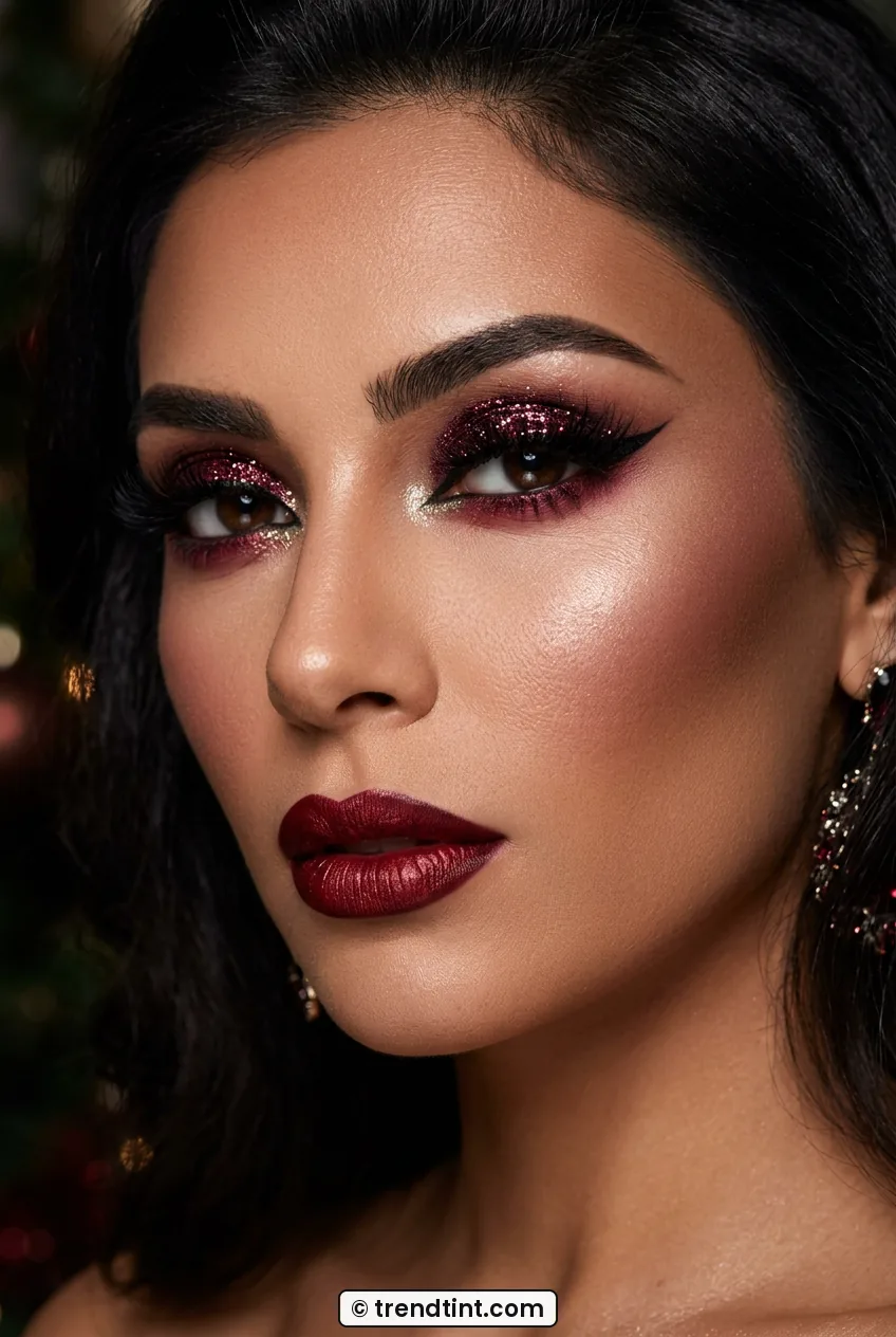 Woman with burgundy glitter eye and sculpted cheeks in glam portrait
