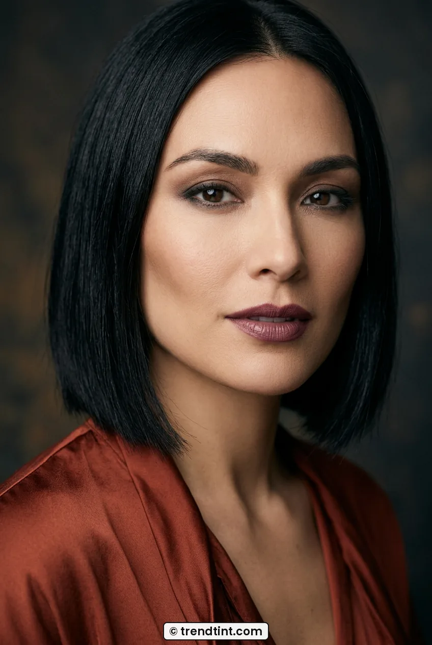 Woman with sleek black bob wearing defined brows and mauve lip with soft contour
