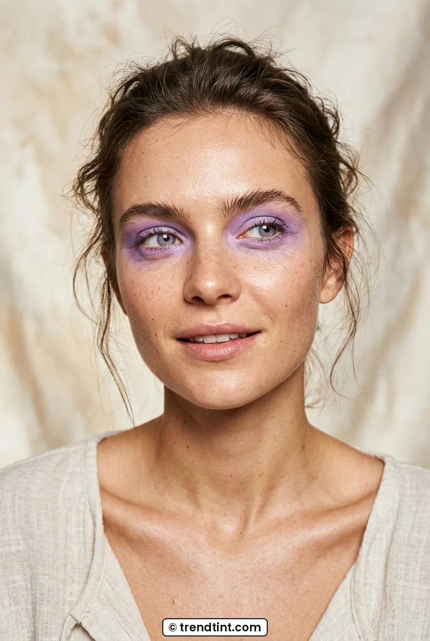 Woman with messy lavender wash eyeshadow smudged under eyes
