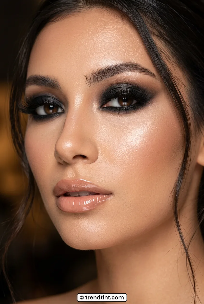 Woman with black smoky eyes and dramatic wispy lashes and glossy lips