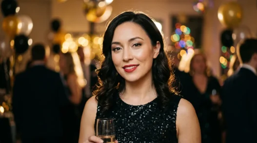 Woman in sequin dress wearing glowing New Years makeup with red lips at party