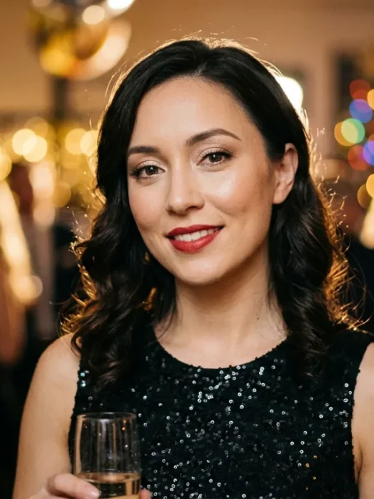 Woman in sequin dress wearing glowing New Years makeup with red lips at party