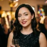 Woman in sequin dress wearing glowing New Years makeup with red lips at party