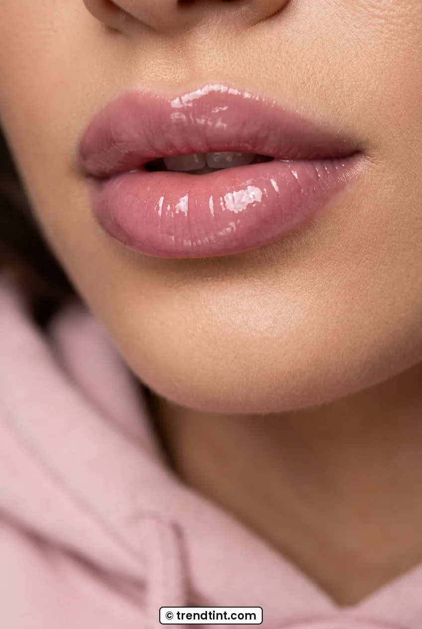 Close-up of woman with milky mauve-pink gloss with soft pillowy finish