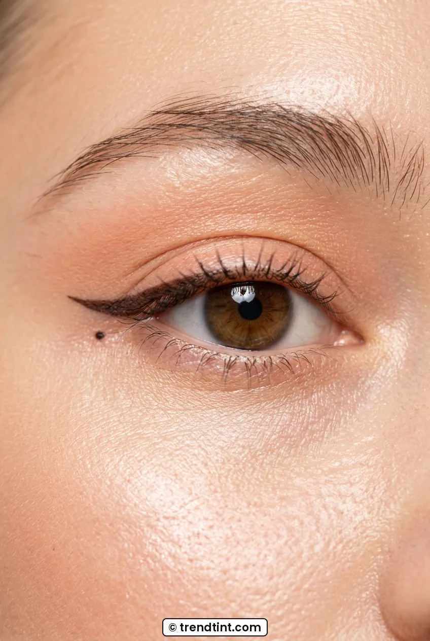 Woman eye close-up with tiny mini wing and small dot at outer corner