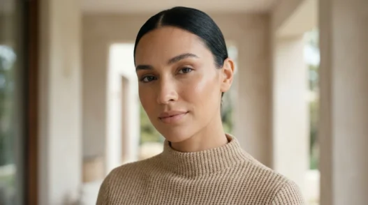 Woman with soft sculpted model makeup showing glowing skin and nude lips in daylight