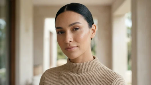 Woman with soft sculpted model makeup showing glowing skin and nude lips in daylight