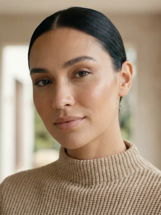 Woman with soft sculpted model makeup showing glowing skin and nude lips in daylight