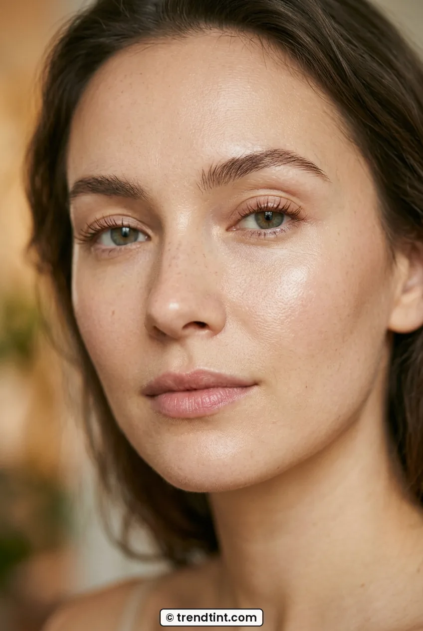 Woman with moisturized bare skin and brown mascara in minimal makeup