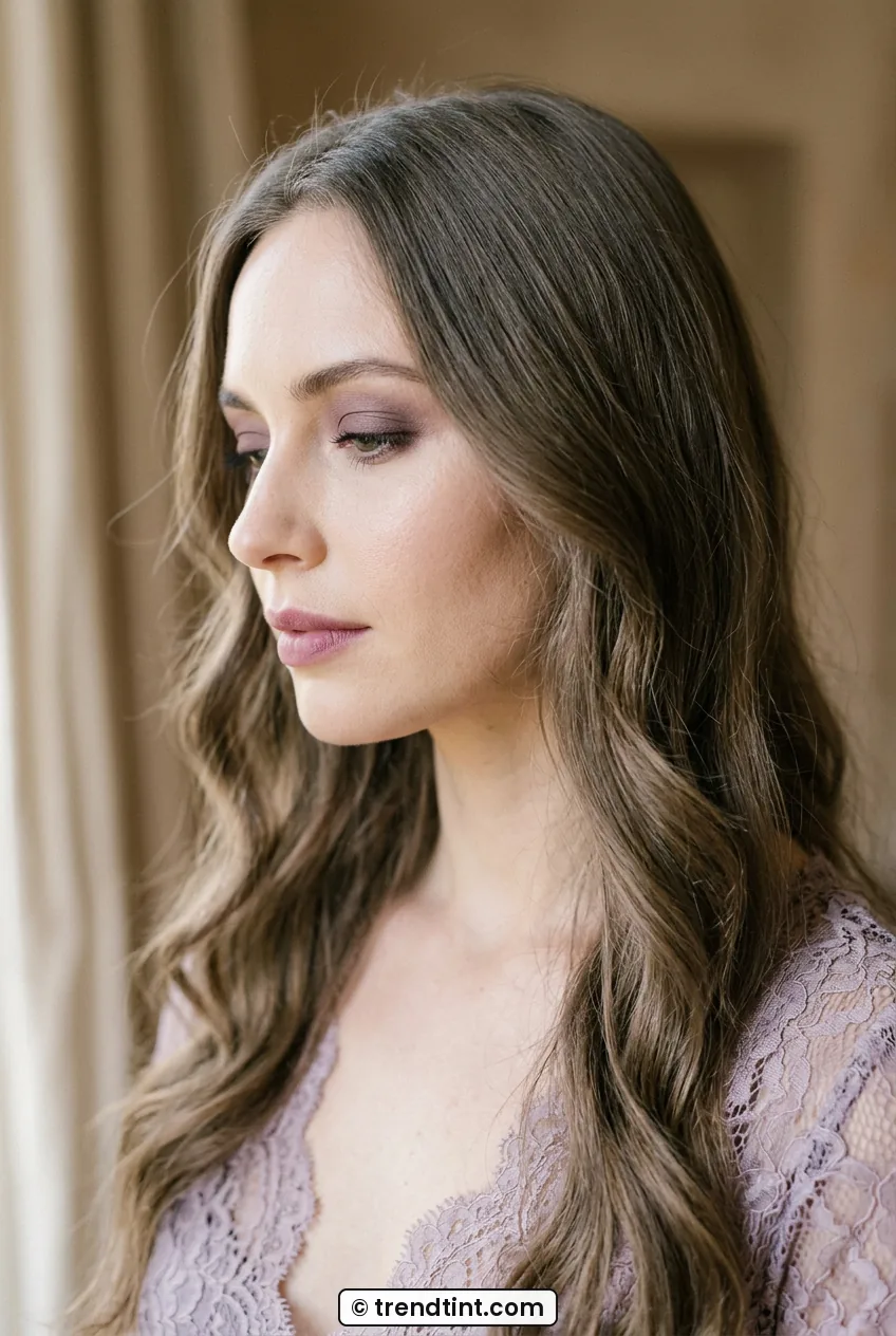 Woman with muted mauve eyeshadow and soft pink lips in side profile