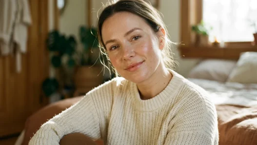 Woman with sheer natural makeup and dewy glowing skin in soft morning window light