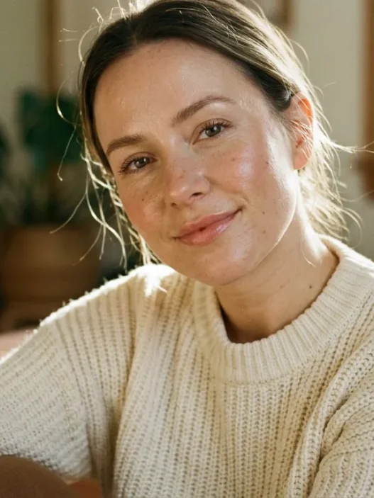 Woman with sheer natural makeup and dewy glowing skin in soft morning window light