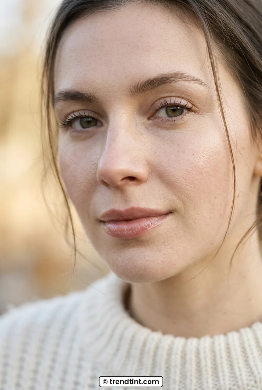 Woman with natural skin tint and tinted balm showing fresh skin
