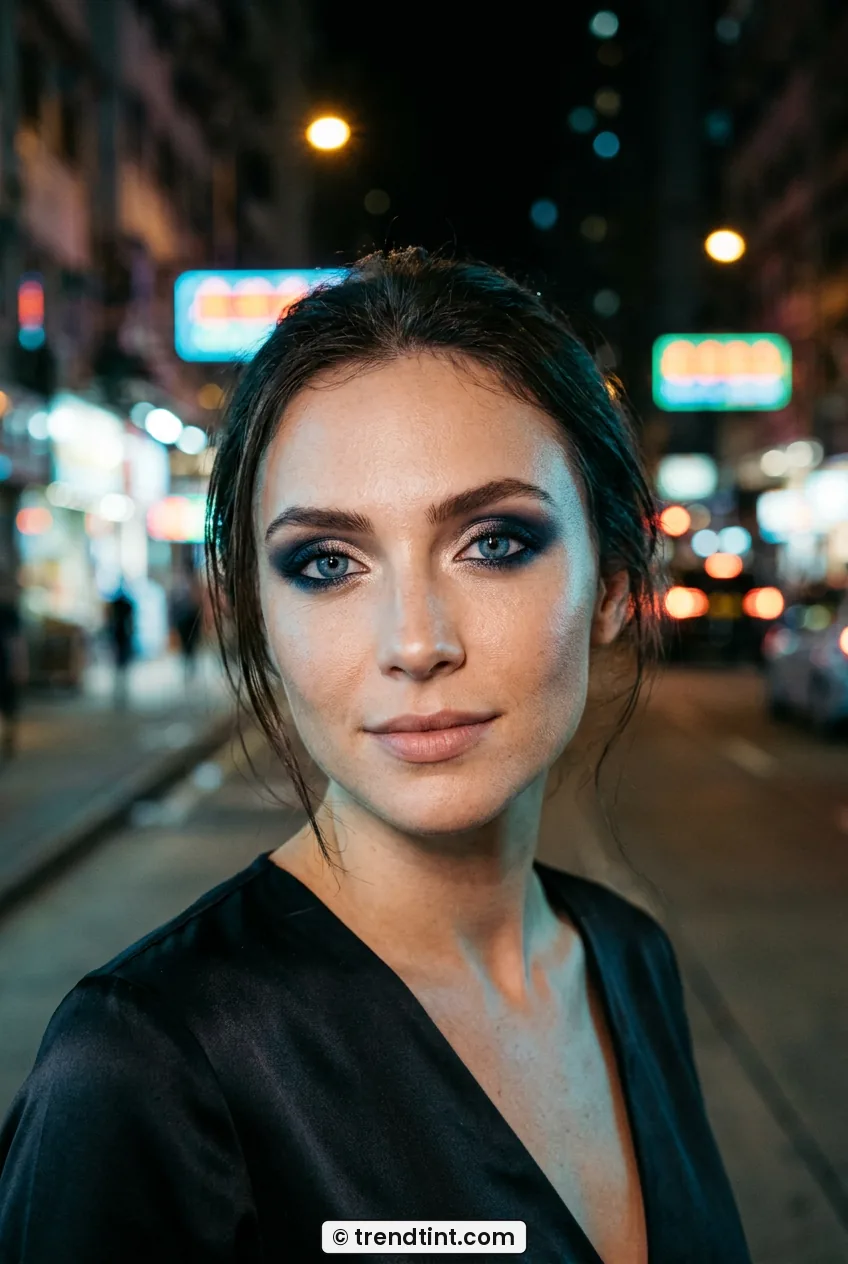 Woman facing camera with navy outer corner smoke and bright inner corner